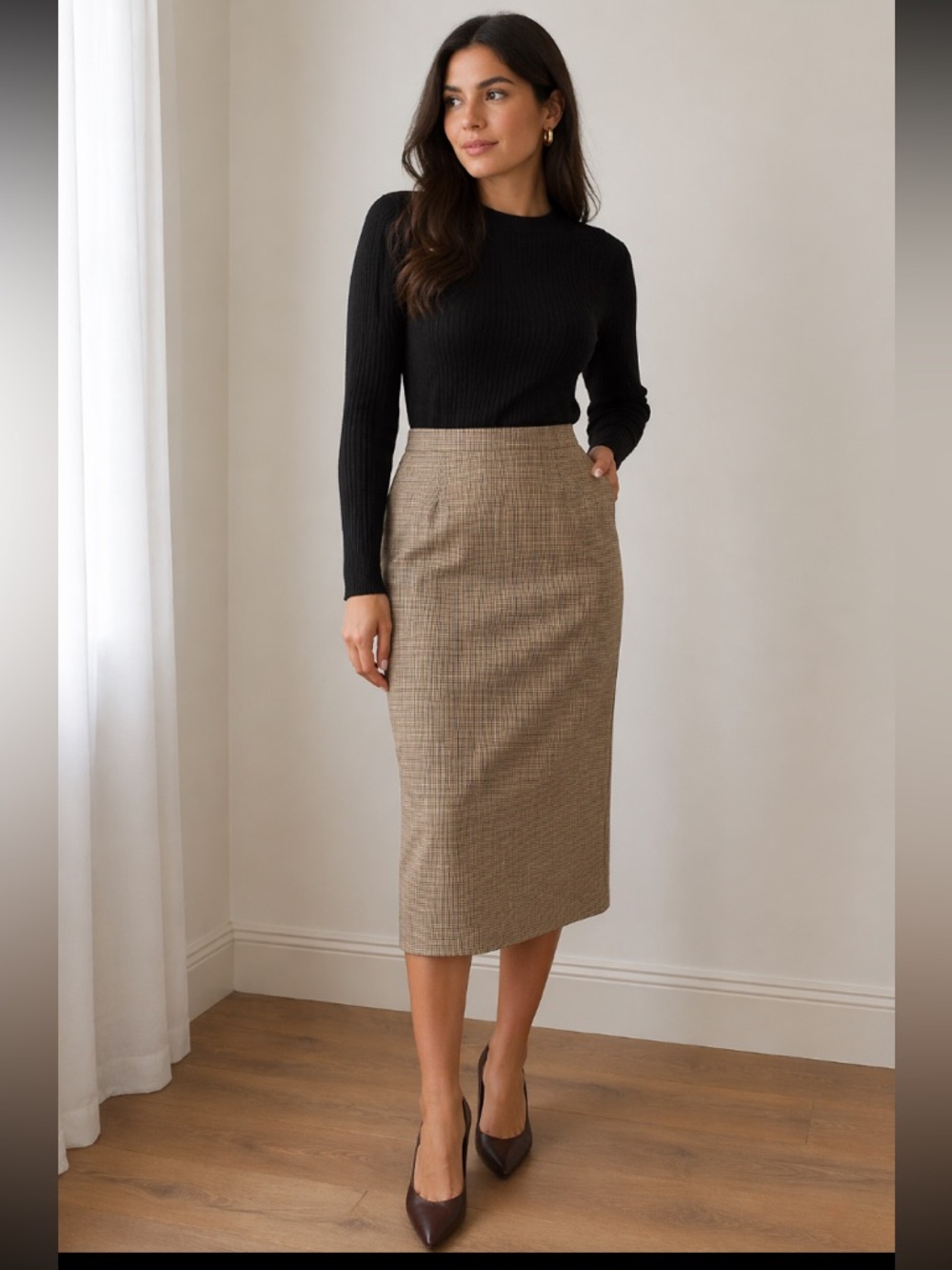 Karen Scott Tan Checkered long Pencil Skirt